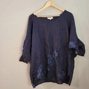 Lin Pour L'autre Women's Blouse Top Size 50 Blue 100% Linen Floral Roll Sleeves
